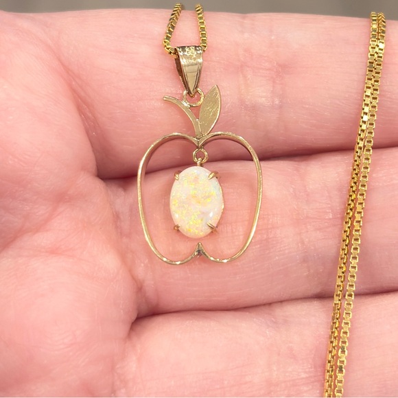 Vintage 14K Natural White Opal Apple Pendant: Filigree Gold Dangle Piece - Picture 3 of 14